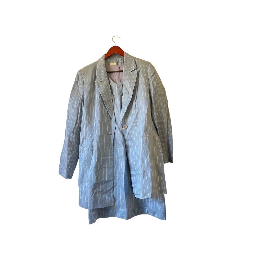 Neiman Marcus Vintage Blue Pinstripe Silk Blend Blazer and Dress Suit Set Sz 12